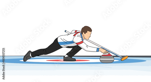 Curling activity scene. Male athlete sliding stone on ice during curling game, engaging in competitive winter sports. Vector illustration.
