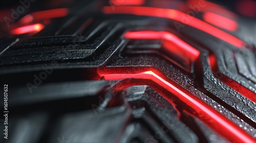 Abstract Technology Background with Metallic Elements and Red Glowing Accents on a Dark Textured Surface for Futuristic Designs and Digital Art Proje