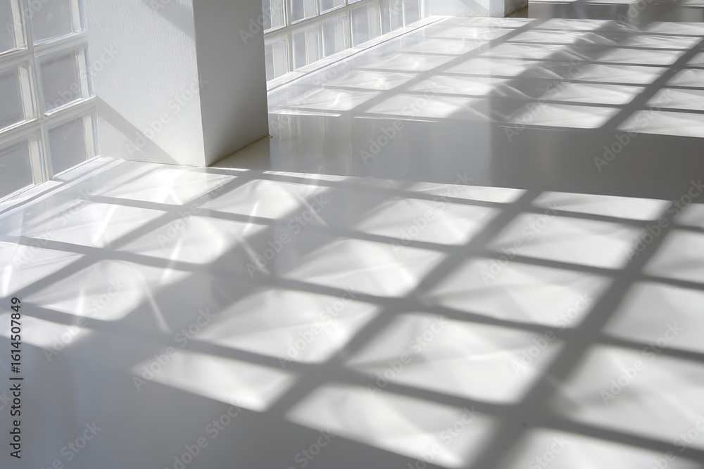 Obraz premium Sunlight casting geometric grid patterns of light and shadow across a clean white floor and wall in an empty room