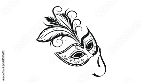 Elegant black and white ornate masquerade mask with feathers and swirls