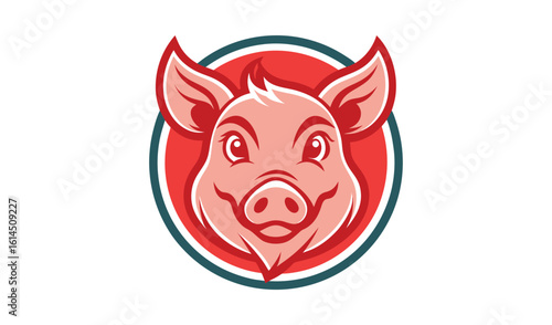 Cartoon pig face mascot with big ears and smiling expression