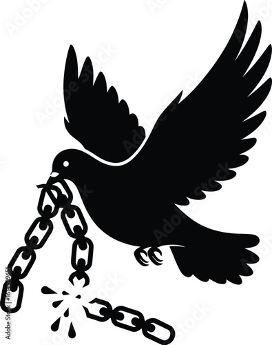 Vector art of a black silhouette of a dove breaking free from its chains symbolizes the pursuit of freedom and peace