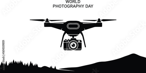 Vector art of a drone with a camera flies over a mountainous landscape to celebrate world photography day, capturing the beauty of nature from an aerial perspective