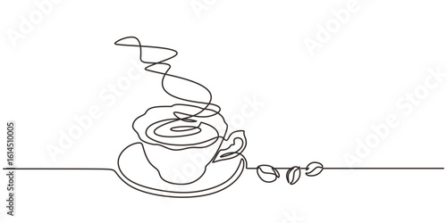 Espresso mug with steam and beans sketch, continuous one line drawing, minimalist vector illustration.