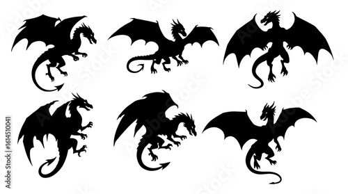 Dragon silhouettes set. Black dragon collection.