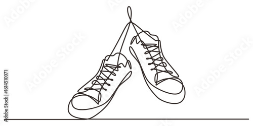 Pair of hanging sneakers continuous one line drawing, concept of youth culture, travel adventure and retro fashion.