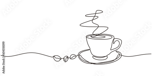 Hot coffee cup with steam and beans for coffee shop and cafe concept. Continuous one line drawing vector.