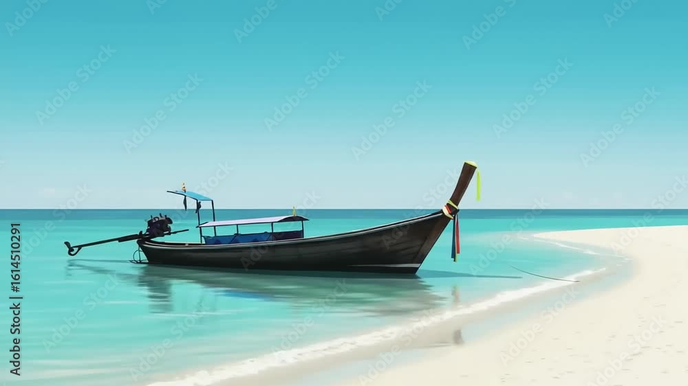 Traditional boat anchored on a serene beach with clear water Traditional boat anchored on a serene beach with clear water