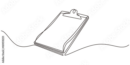 Productivity and planning theme, continuous line drawing of a clipboard and sheet.