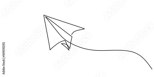 Minimalist one line drawing of a paper airplane, vector art for travel and creative ideas.
