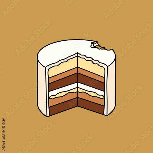 Isometric layered cake with a bite, featuring chocolate and vanilla flavors