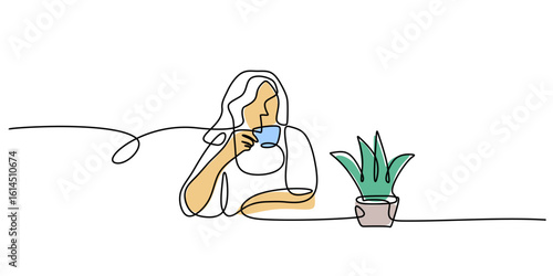 Woman enjoying coffee in a one line drawing style. Vector illustration of a peaceful moment.