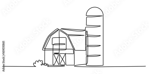 Hand drawn continuous one line drawing of a barn and silo, representing countryside living.