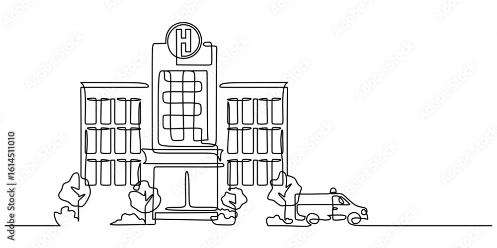 Fototapeta premium Hospital building. Continuous line drawing and vector illustration of medical and health care.