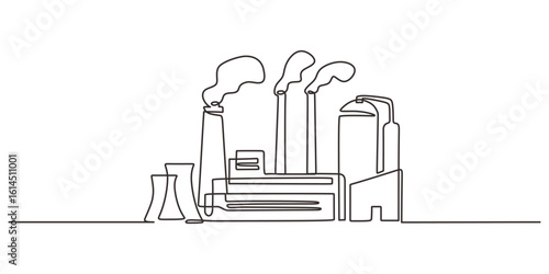 Factory with tall chimney continuous one line drawing, concept of industry, production, and air pollution.