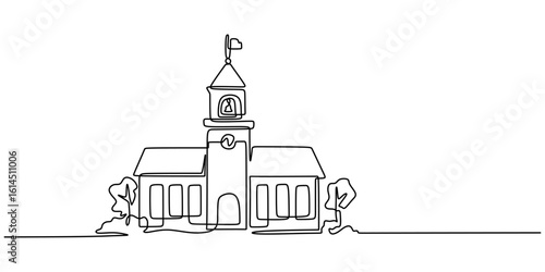 Minimalist single line drawing of a school building, academic institution architecture with a bell tower.