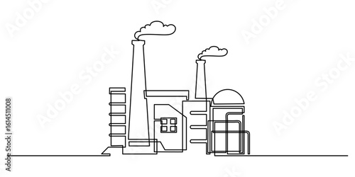 Industrial building with smokestack in a one line drawing style.