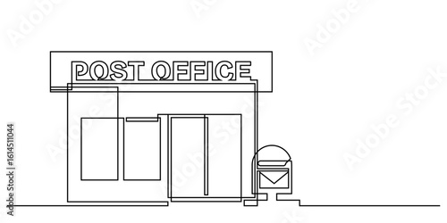One line drawing of a post office with a mail symbol for communication and parcels transportation concept.