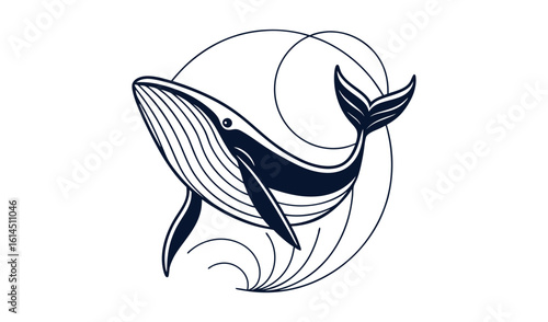 Stylized blue whale leaping out of water with abstract swirls