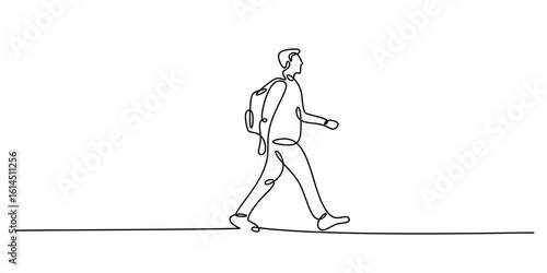Continuous line drawing of a student person walking with a backpack. Minimalist vector illustration.