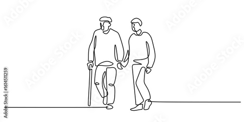 Continuous one line drawing of a young person helping an elderly man with a cane, symbolizing family care.