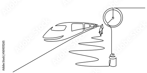 High-speed train at station with passenger and clock. One line drawing for travel and transportation.