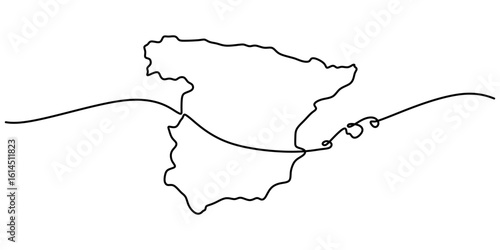 Spain map in simple continuous one line drawing. Minimalist vector for tourism or cultural events.