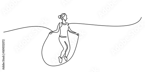 Minimalist one line drawing of a young girl jumping rope. Continuous single hand drawn object.