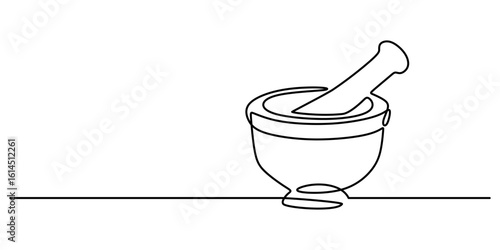 Mortar and pestle one line drawing. Minimalist vector illustration for pharmacy or nature health care.