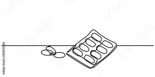 Blister pack and pills continuous one line an drawing. Minimalist vector for healthcare concepts.