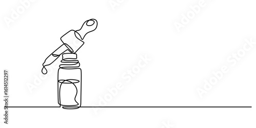 Serum bottle with a dropper, one line drawing. Single continuous editable stroke vector.