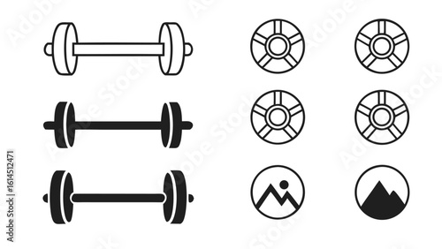 Simple line art icons of dumbbells and yoga for fitness and exercise weight training yoga set