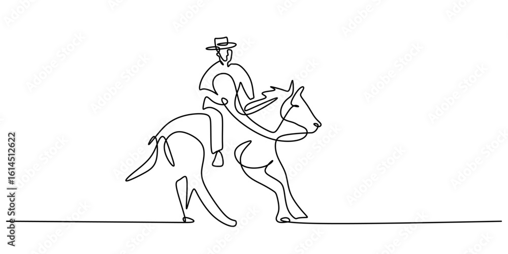 Fototapeta premium Man in a hat riding a horse, one continuous line drawing. Minimalist vector for a western design.