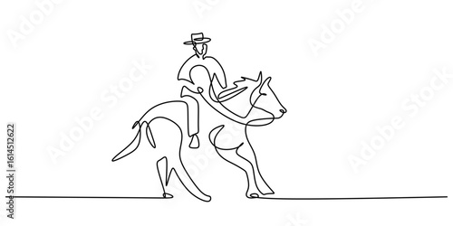Man in a hat riding a horse, one continuous line drawing. Minimalist vector for a western design.