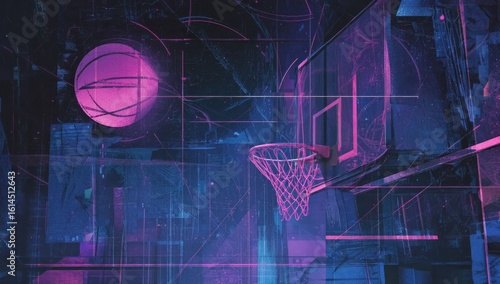 Abstract digital art of a basketball hoop and ball, glowing neon pink and blue