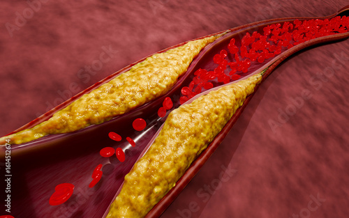 Hyperlipidemia or arteriosclerosis. Blocked artery concept and human blood vessel as a disease with cholesterol fat buildup clogging. Clogged arteries, Cholesterol plaque in the artery. 3D Rendering