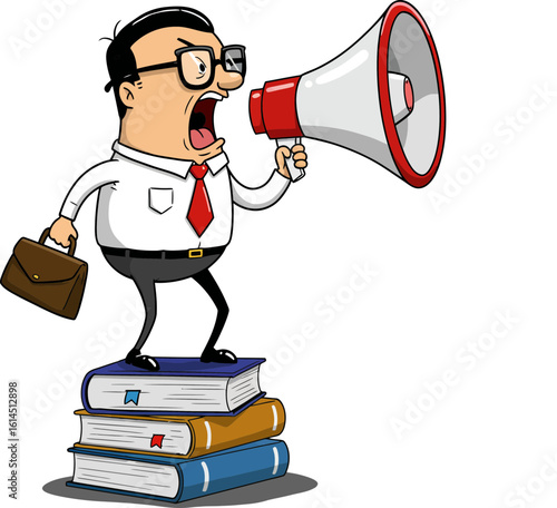 A cartoon businessman, standing on a stack of books, is shouting into a large megaphone.