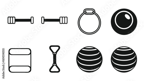Simple line art icons of dumbbells and yoga for fitness and exercise weight training yoga set