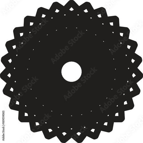 Abstract black and white circular design with intricate radiating lines.