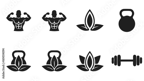 Simple line art icons of dumbbells and yoga for fitness and exercise weight training yoga set