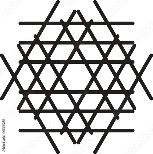 Abstract geometric pattern featuring intersecting lines forming triangles and hexagons, creating a complex, symmetrical design.