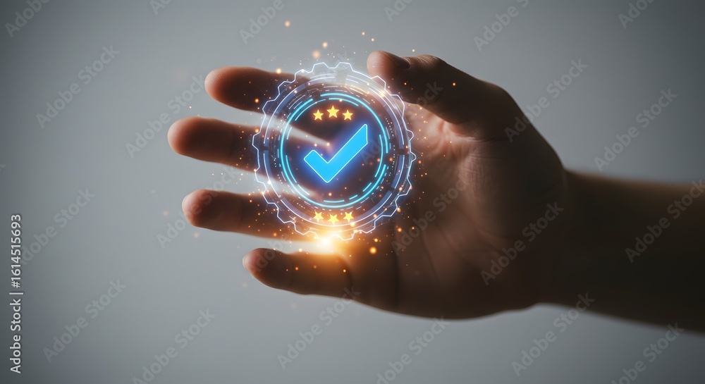 Quality Control and Assurance Concept: Hand Holding Glowing Check Mark Quality Control and Assurance Concept: Hand Holding Glowing Check Mark