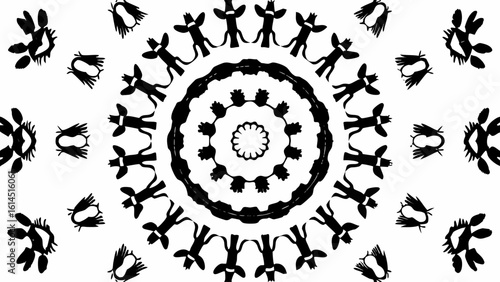 Circular symmetrical design with abstract figures and floral elements in black and white color scheme art