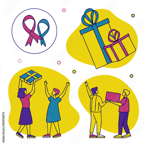 Vector illustration set of colorful gift boxes in various shapes and sizes, decorated with ribbons and bows, ideal for celebrations, birthdays, holidays, and festive occasions on a white background.

