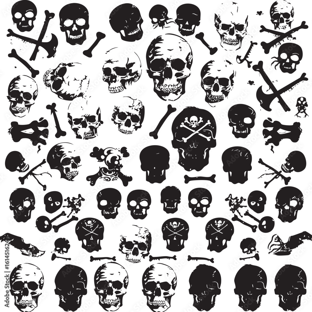 Fototapeta premium Skeletons. Large set of skulls, bones and pirate symbols , black silhouettes isolated on white background 