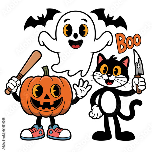 Spooky halloween characters with pumpkin ghost and cat isolated on white background