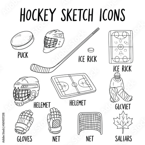 Hockey equipment and ice rink sketch puck stick