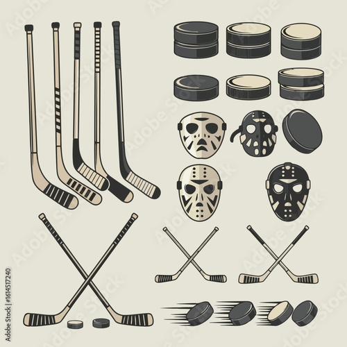 Hockey equipment and masks hockey sticks pucks
