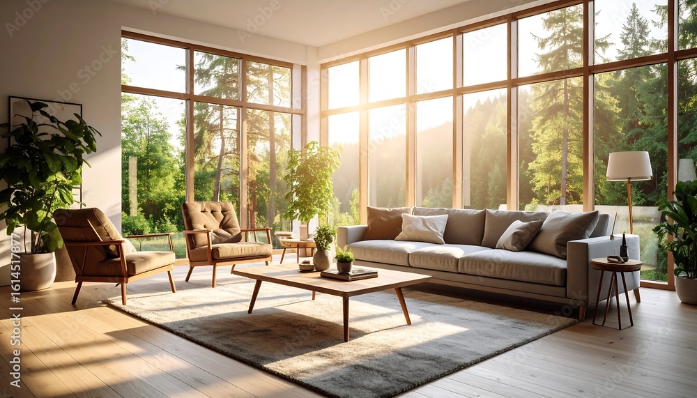 Fototapeta premium Modern living room with large windows and sunlight