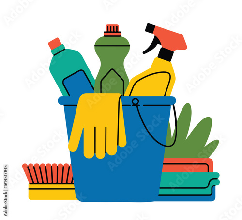 Illustration of a blue bucket filled with cleaning supplies and cleaning equipment items shown